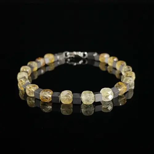 6mm Citrine & 4mm Magnetite Mixed Faceted Steel Wire Bracelet