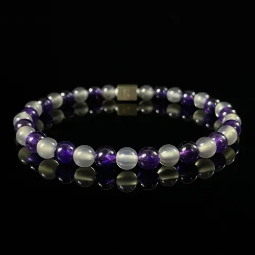 Amethyst & Grey Agate Beaded Bracelet(6mm)